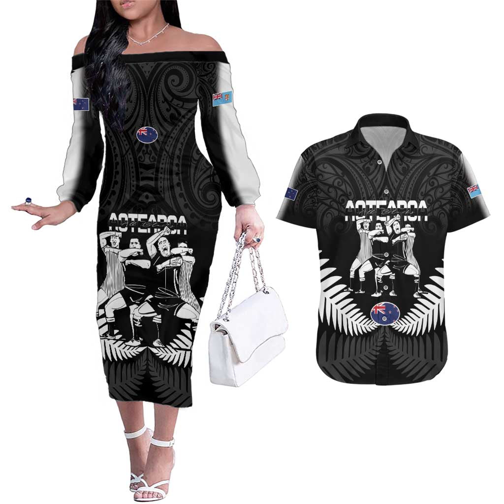 New Zealand And Fiji Tapa Rugby Couples Matching Off The Shoulder Long Sleeve Dress and Hawaiian Shirt Haka Dance Mix Cibi Dance Together LT14 Black - Polynesian Pride