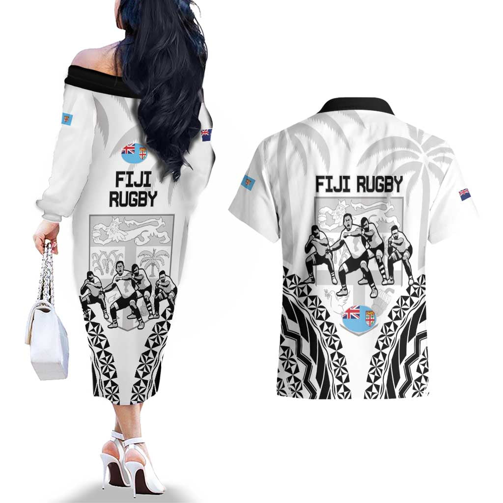 New Zealand And Fiji Tapa Rugby Couples Matching Off The Shoulder Long Sleeve Dress and Hawaiian Shirt Haka Dance Mix Cibi Dance Together LT14 - Polynesian Pride