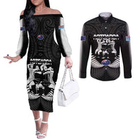New Zealand And Fiji Tapa Rugby Couples Matching Off The Shoulder Long Sleeve Dress and Long Sleeve Button Shirt Haka Dance Mix Cibi Dance Together LT14 Black - Polynesian Pride