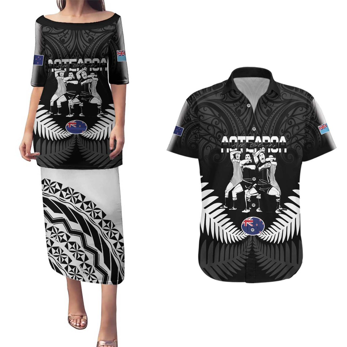New Zealand And Fiji Tapa Rugby Couples Matching Puletasi and Hawaiian Shirt Haka Dance Mix Cibi Dance Together LT14 Black - Polynesian Pride