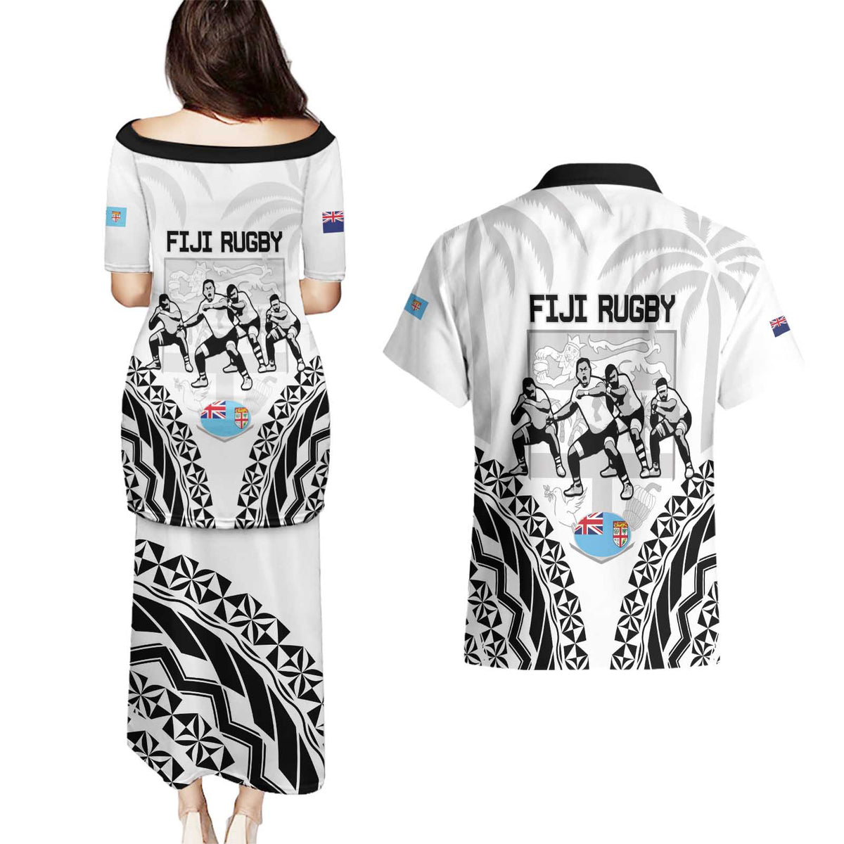 New Zealand And Fiji Tapa Rugby Couples Matching Puletasi and Hawaiian Shirt Haka Dance Mix Cibi Dance Together LT14 - Polynesian Pride