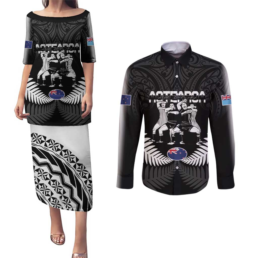 New Zealand And Fiji Tapa Rugby Couples Matching Puletasi and Long Sleeve Button Shirt Haka Dance Mix Cibi Dance Together LT14 Black - Polynesian Pride