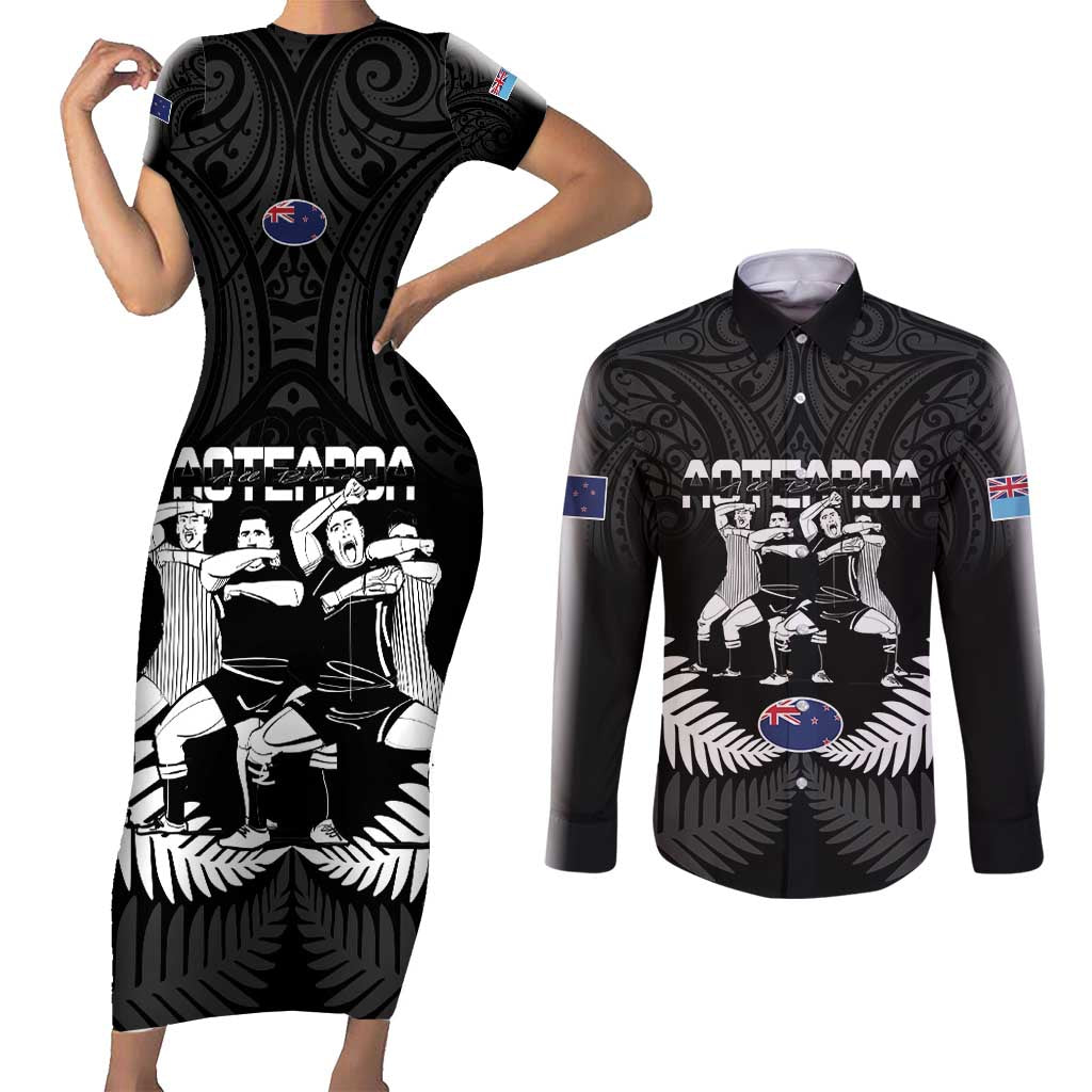 New Zealand And Fiji Tapa Rugby Couples Matching Short Sleeve Bodycon Dress and Long Sleeve Button Shirt Haka Dance Mix Cibi Dance Together LT14 Black - Polynesian Pride