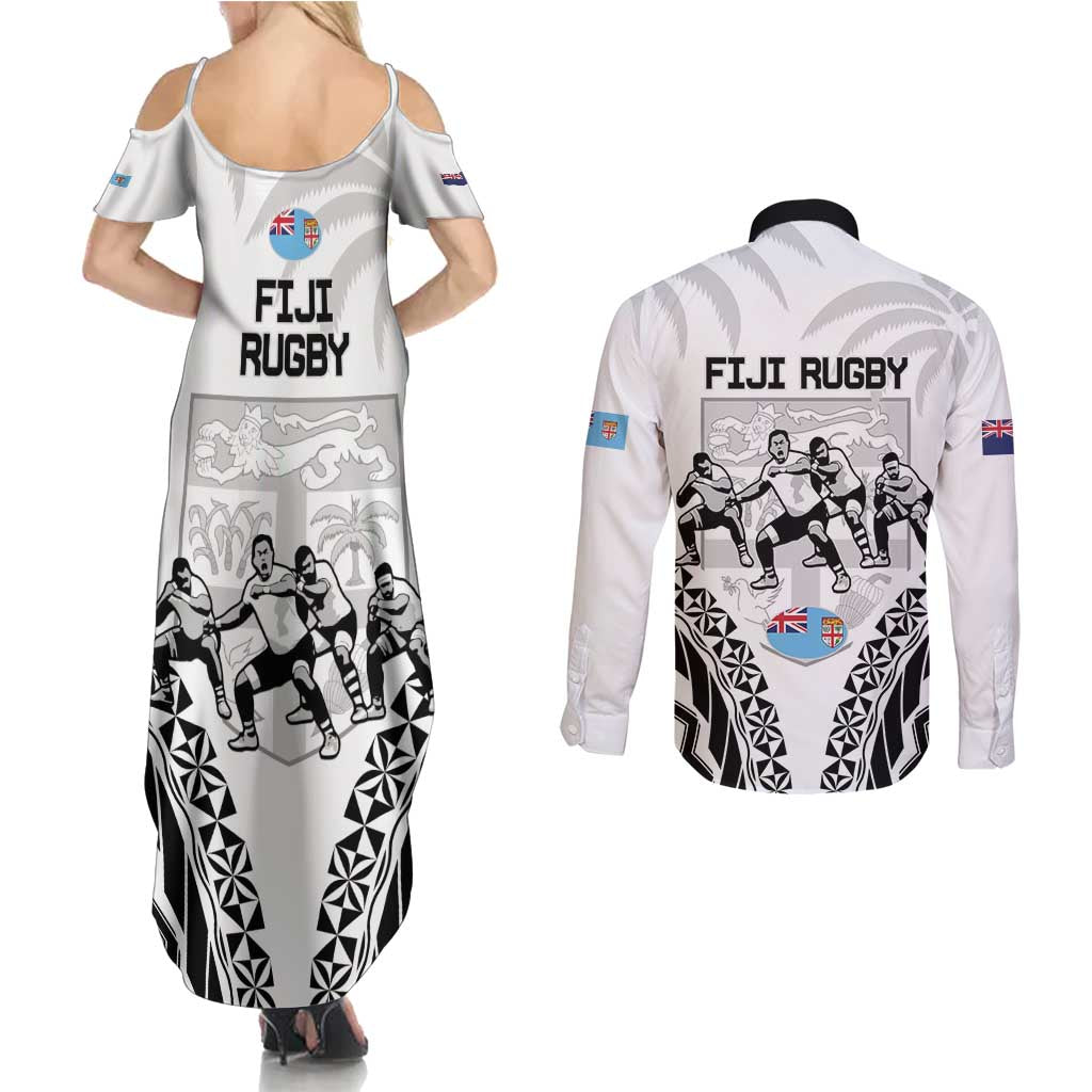 New Zealand And Fiji Tapa Rugby Couples Matching Summer Maxi Dress and Long Sleeve Button Shirt Haka Dance Mix Cibi Dance Together LT14 - Polynesian Pride