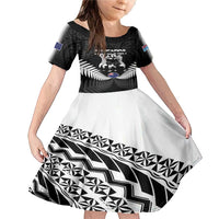 New Zealand And Fiji Tapa Rugby Family Matching Mermaid Dress and Hawaiian Shirt Haka Dance Mix Cibi Dance Together LT14 Daughter's Dress Black - Polynesian Pride