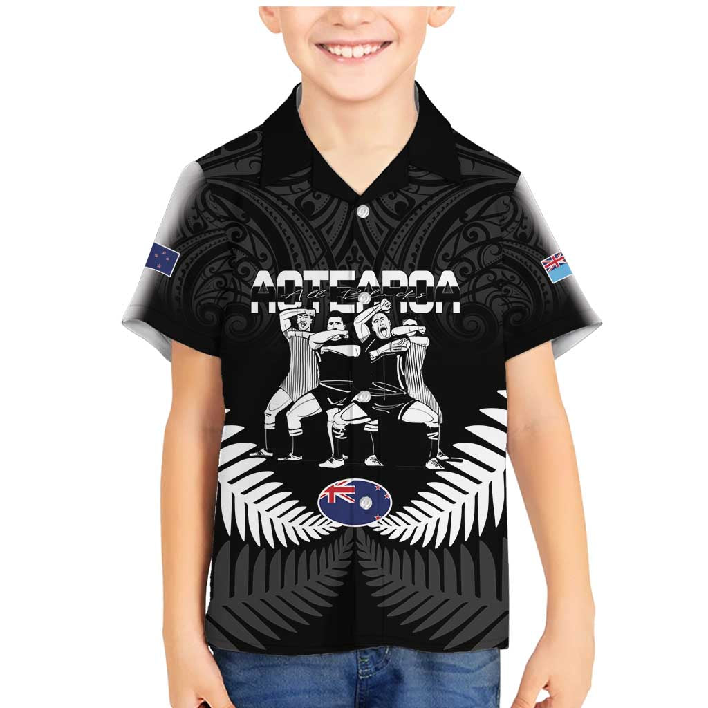 New Zealand And Fiji Tapa Rugby Family Matching Mermaid Dress and Hawaiian Shirt Haka Dance Mix Cibi Dance Together LT14 Son's Shirt Black - Polynesian Pride