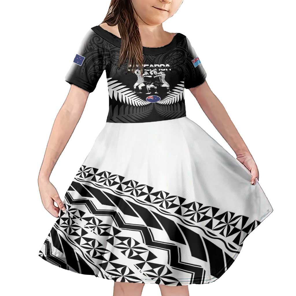 New Zealand And Fiji Tapa Rugby Family Matching Off Shoulder Maxi Dress and Hawaiian Shirt Haka Dance Mix Cibi Dance Together LT14 Daughter's Dress Black - Polynesian Pride