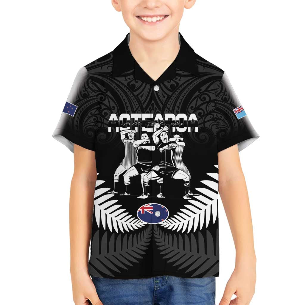 New Zealand And Fiji Tapa Rugby Family Matching Off Shoulder Maxi Dress and Hawaiian Shirt Haka Dance Mix Cibi Dance Together LT14 Son's Shirt Black - Polynesian Pride