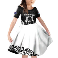 New Zealand And Fiji Tapa Rugby Family Matching Off Shoulder Short Dress and Hawaiian Shirt Haka Dance Mix Cibi Dance Together LT14 Daughter's Dress Black - Polynesian Pride