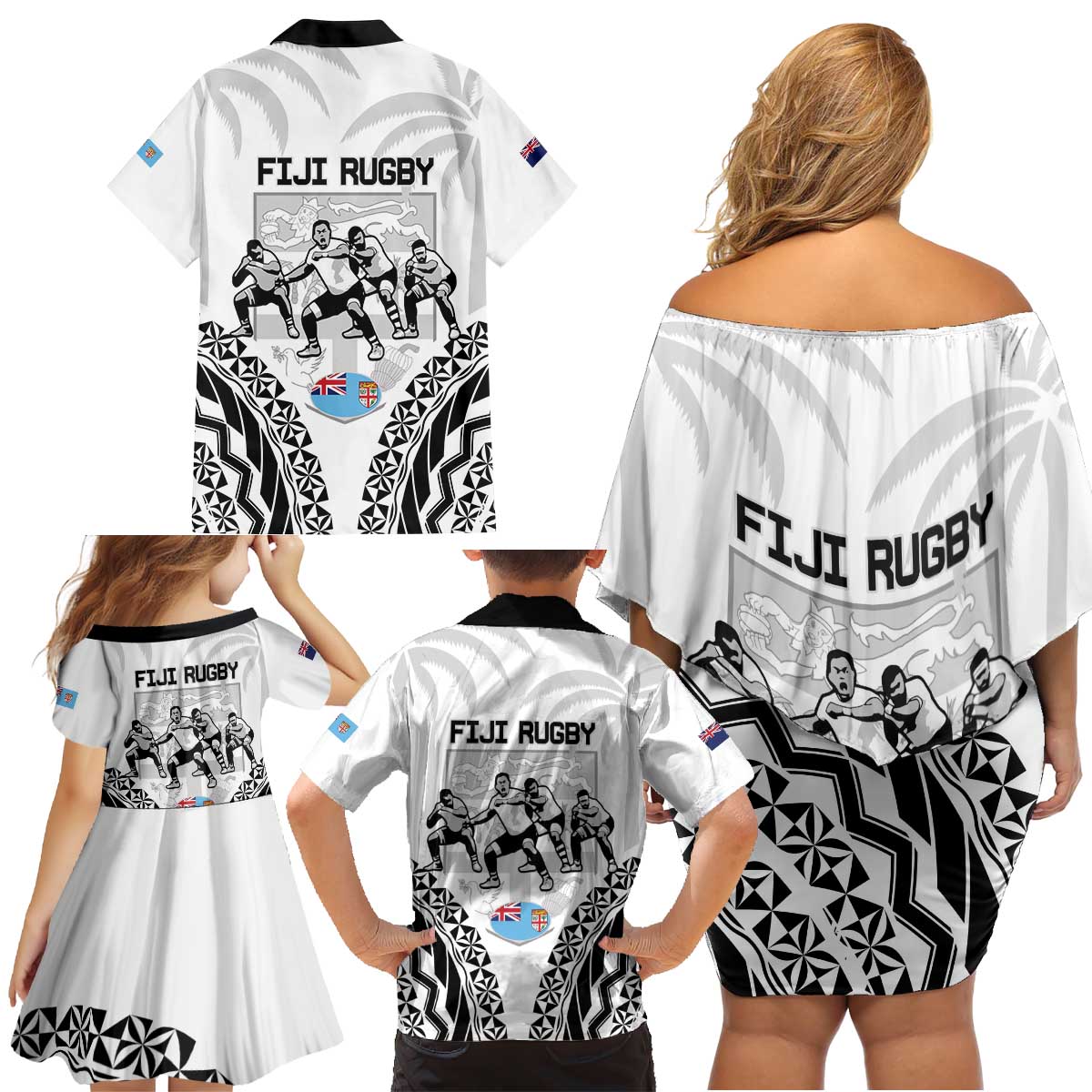 New Zealand And Fiji Tapa Rugby Family Matching Off Shoulder Short Dress and Hawaiian Shirt Haka Dance Mix Cibi Dance Together LT14 - Polynesian Pride