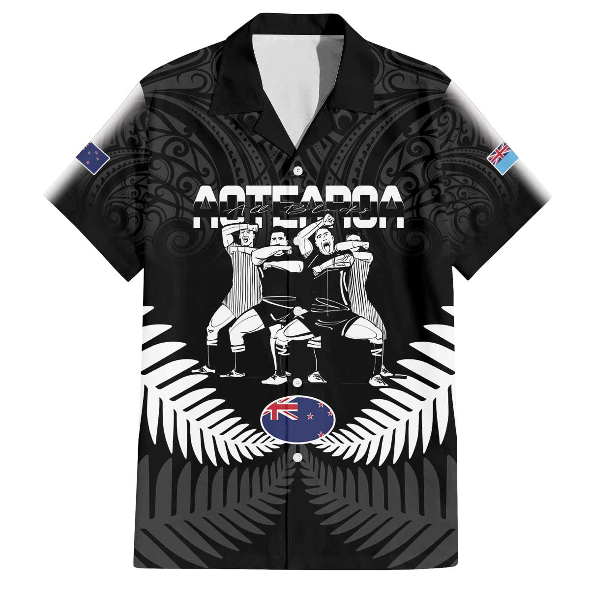 New Zealand And Fiji Tapa Rugby Family Matching Off Shoulder Short Dress and Hawaiian Shirt Haka Dance Mix Cibi Dance Together LT14 Dad's Shirt - Short Sleeve Black - Polynesian Pride
