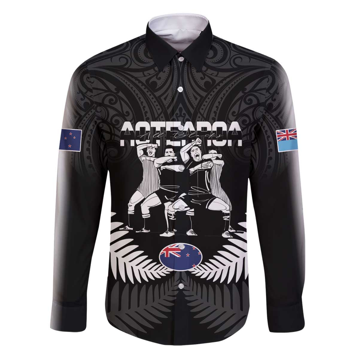 New Zealand And Fiji Tapa Rugby Family Matching Puletasi and Hawaiian Shirt Haka Dance Mix Cibi Dance Together LT14 Dad's Shirt - Long Sleeve Black - Polynesian Pride