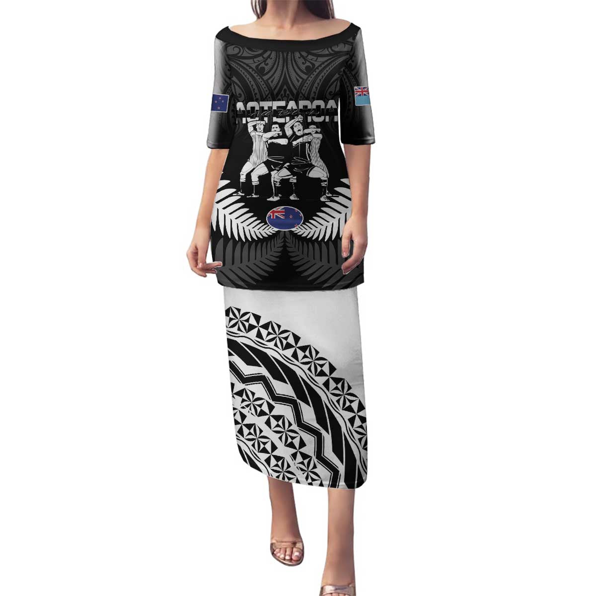 New Zealand And Fiji Tapa Rugby Family Matching Puletasi and Hawaiian Shirt Haka Dance Mix Cibi Dance Together LT14 Mom's Dress Black - Polynesian Pride