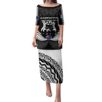 New Zealand And Fiji Tapa Rugby Family Matching Puletasi and Hawaiian Shirt Haka Dance Mix Cibi Dance Together LT14 Mom's Dress Black - Polynesian Pride