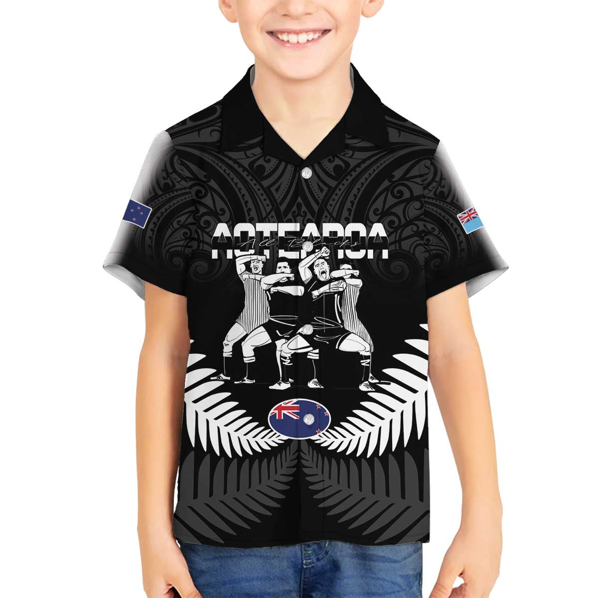 New Zealand And Fiji Tapa Rugby Family Matching Puletasi and Hawaiian Shirt Haka Dance Mix Cibi Dance Together LT14 Son's Shirt Black - Polynesian Pride