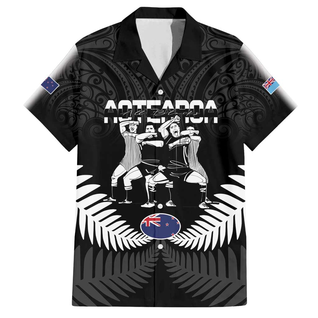 New Zealand And Fiji Tapa Rugby Family Matching Summer Maxi Dress and Hawaiian Shirt Haka Dance Mix Cibi Dance Together LT14 Dad's Shirt - Short Sleeve Black - Polynesian Pride
