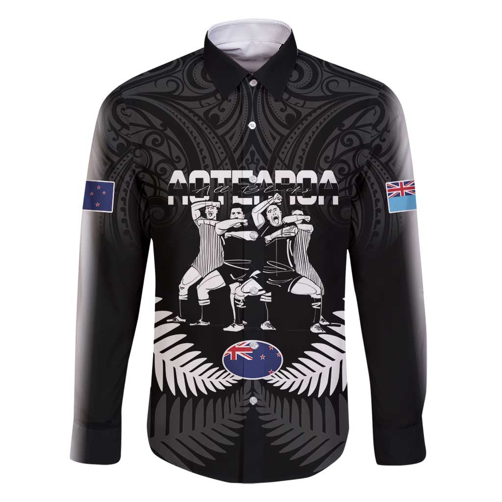 New Zealand And Fiji Tapa Rugby Family Matching Summer Maxi Dress and Hawaiian Shirt Haka Dance Mix Cibi Dance Together LT14 Dad's Shirt - Long Sleeve Black - Polynesian Pride