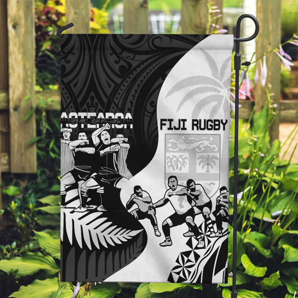 New Zealand And Fiji Tapa Rugby Garden Flag Haka Dance Mix Cibi Dance Together LT14 Garden Flag Black - Polynesian Pride