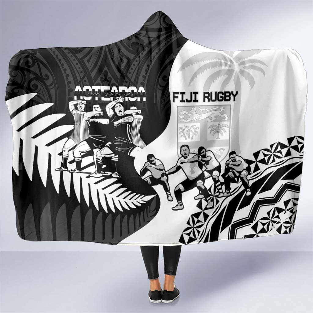 New Zealand And Fiji Tapa Rugby Hooded Blanket Haka Dance Mix Cibi Dance Together LT14 One Size Black - Polynesian Pride
