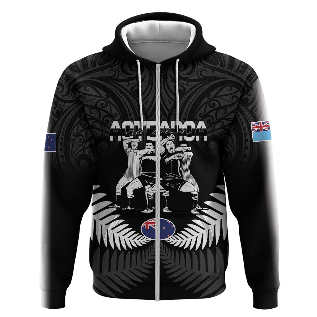 New Zealand And Fiji Tapa Rugby Hoodie Haka Dance Mix Cibi Dance Together LT14 Zip Hoodie Black - Polynesian Pride
