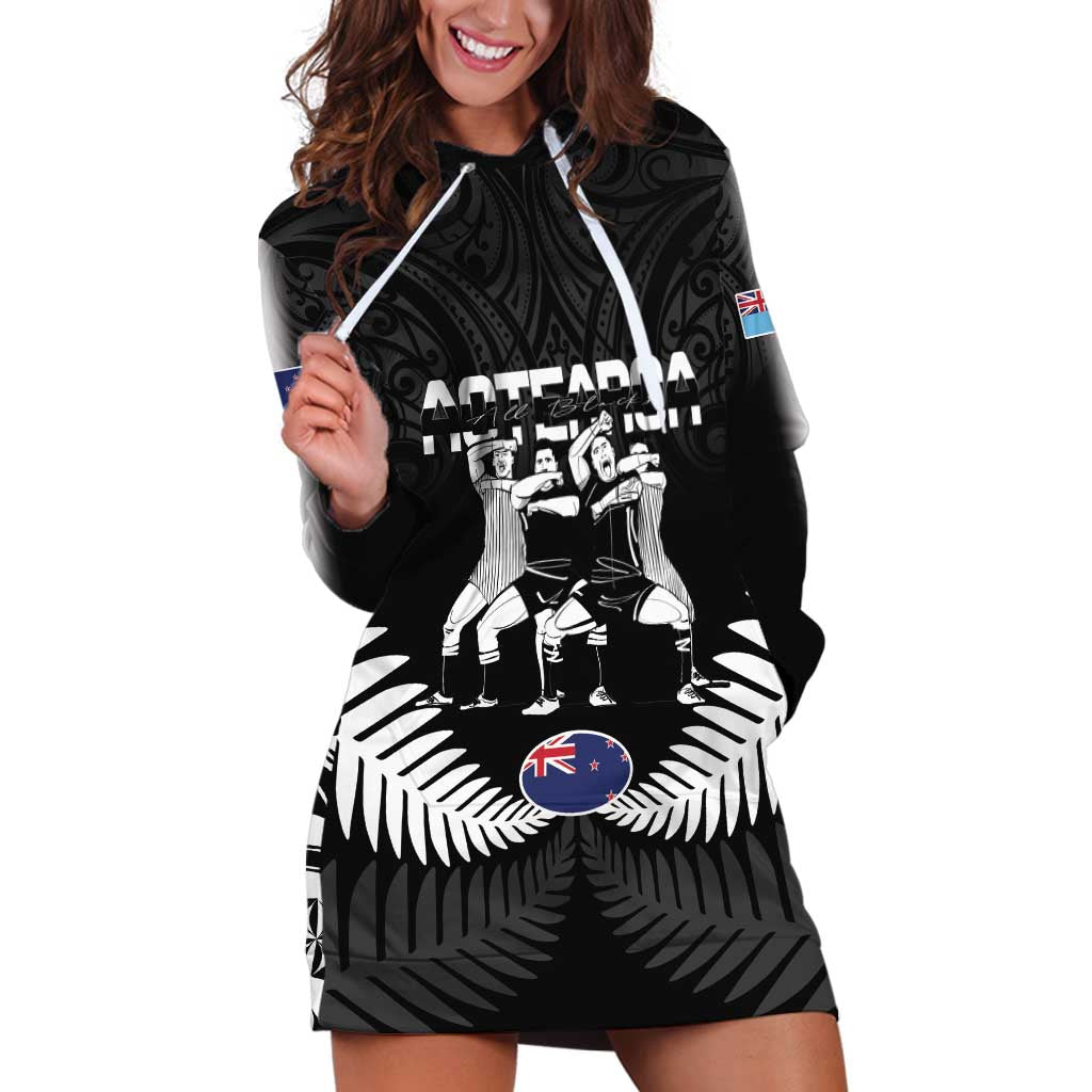 New Zealand And Fiji Tapa Rugby Hoodie Dress Haka Dance Mix Cibi Dance Together LT14 Black - Polynesian Pride