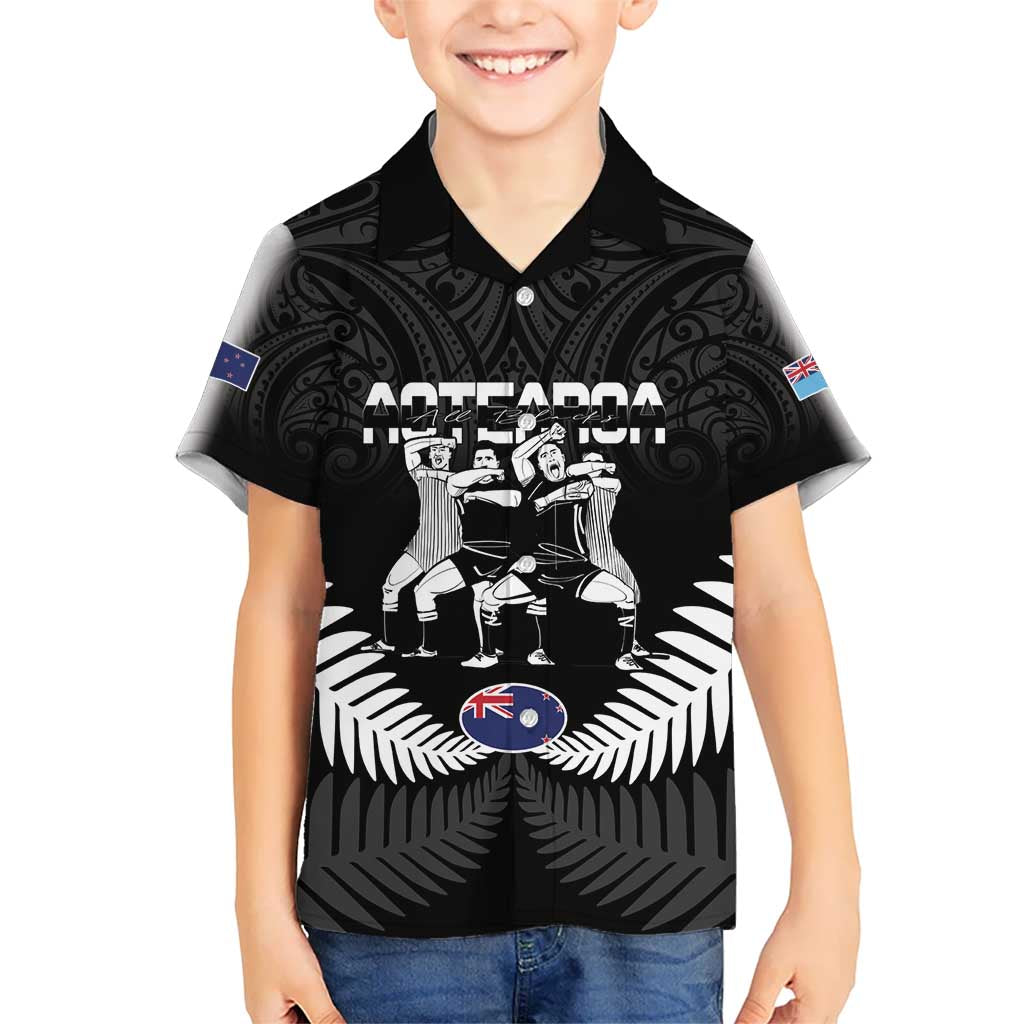 New Zealand And Fiji Tapa Rugby Kid Hawaiian Shirt Haka Dance Mix Cibi Dance Together LT14 Kid Black - Polynesian Pride