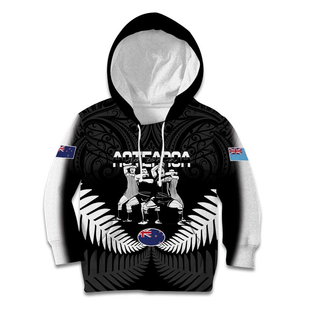 New Zealand And Fiji Tapa Rugby Kid Hoodie Haka Dance Mix Cibi Dance Together LT14 Hoodie Black - Polynesian Pride