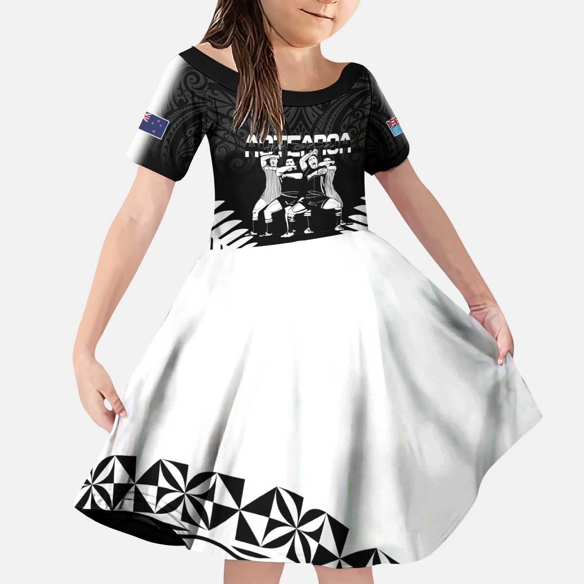New Zealand And Fiji Tapa Rugby Kid Short Sleeve Dress Haka Dance Mix Cibi Dance Together LT14 KID Black - Polynesian Pride