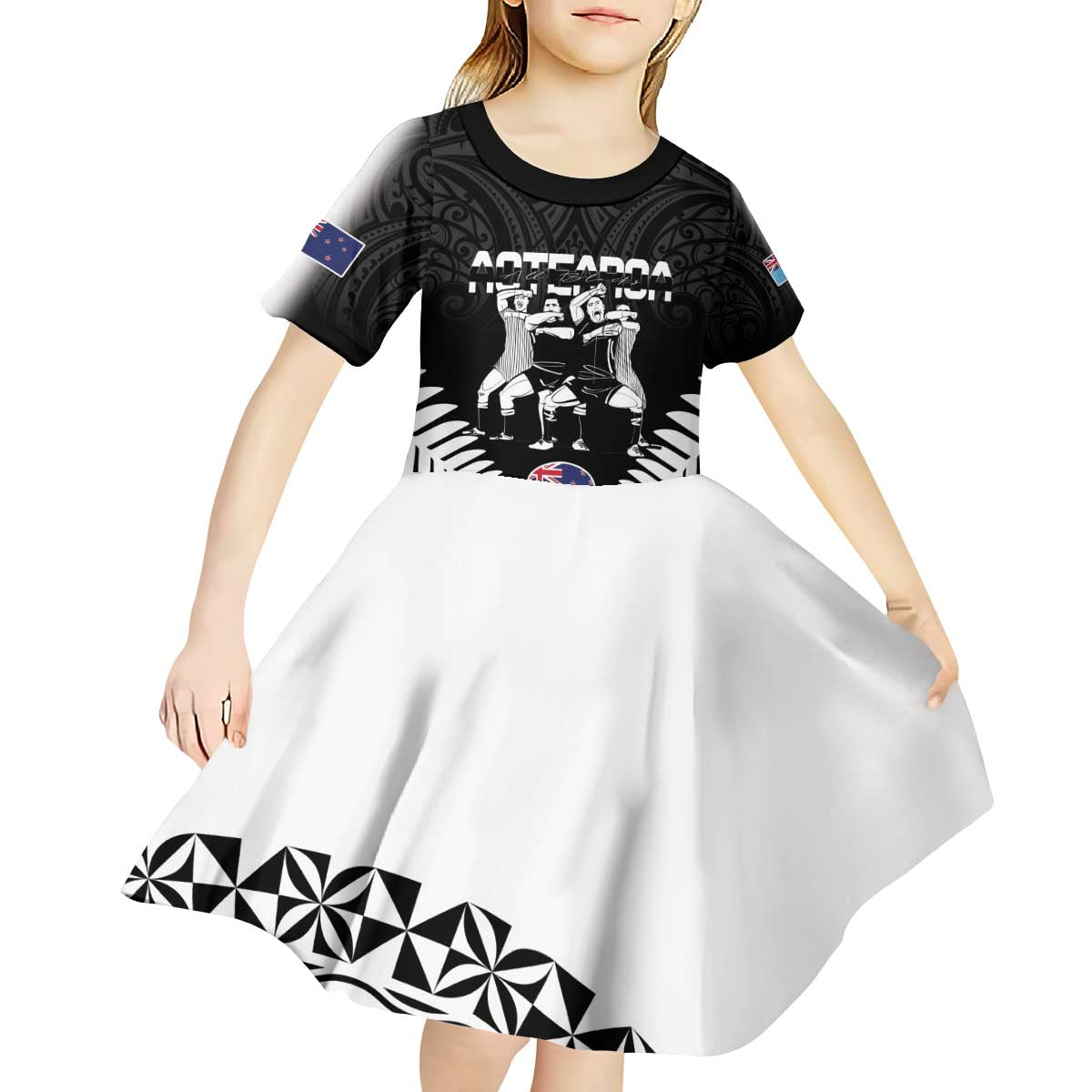New Zealand And Fiji Tapa Rugby Kid Short Sleeve Dress Haka Dance Mix Cibi Dance Together LT14 - Polynesian Pride