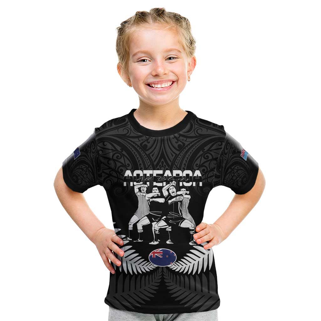 New Zealand And Fiji Tapa Rugby Kid T Shirt Haka Dance Mix Cibi Dance Together LT14 Black - Polynesian Pride