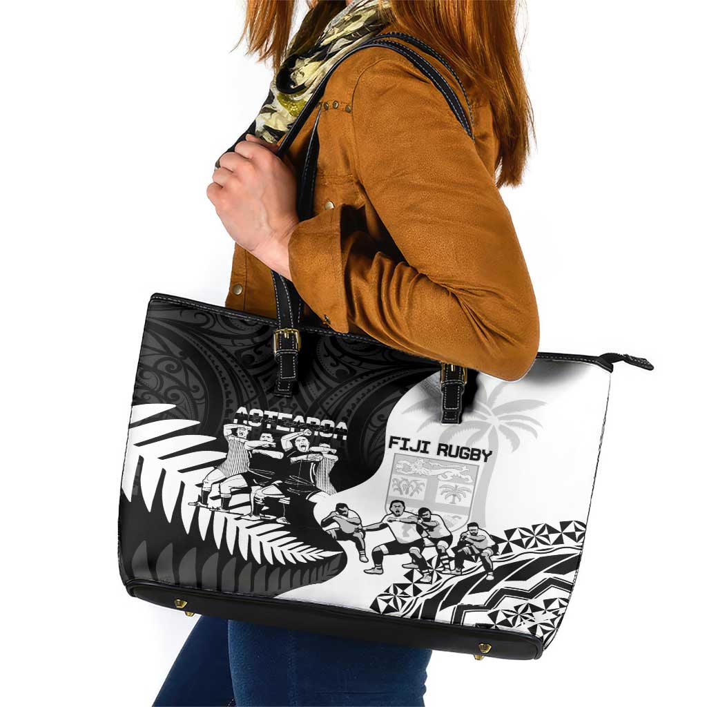 New Zealand And Fiji Tapa Rugby Leather Tote Bag Haka Dance Mix Cibi Dance Together LT14 Black - Polynesian Pride