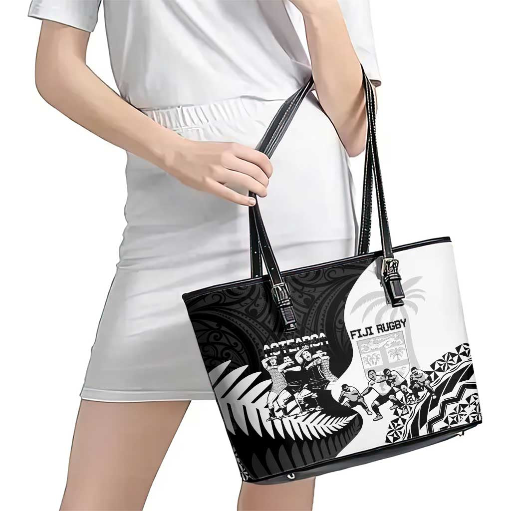 New Zealand And Fiji Tapa Rugby Leather Tote Bag Haka Dance Mix Cibi Dance Together LT14 - Polynesian Pride