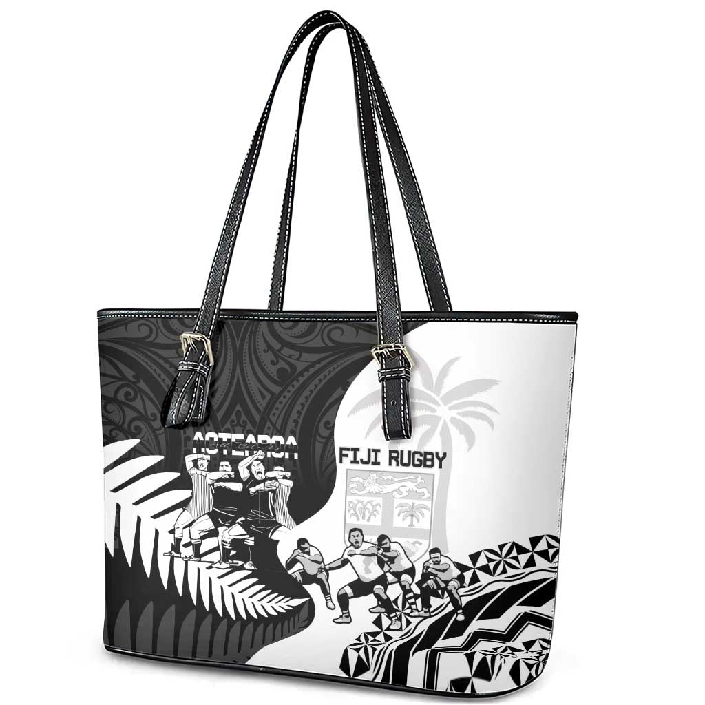 New Zealand And Fiji Tapa Rugby Leather Tote Bag Haka Dance Mix Cibi Dance Together LT14 - Polynesian Pride