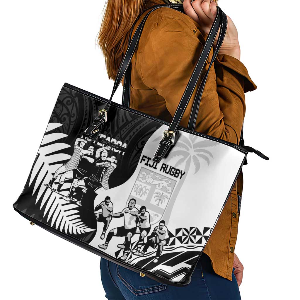 New Zealand And Fiji Tapa Rugby Leather Tote Bag Haka Dance Mix Cibi Dance Together LT14 - Polynesian Pride