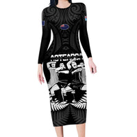 New Zealand And Fiji Tapa Rugby Long Sleeve Bodycon Dress Haka Dance Mix Cibi Dance Together LT14 Long Dress Black - Polynesian Pride