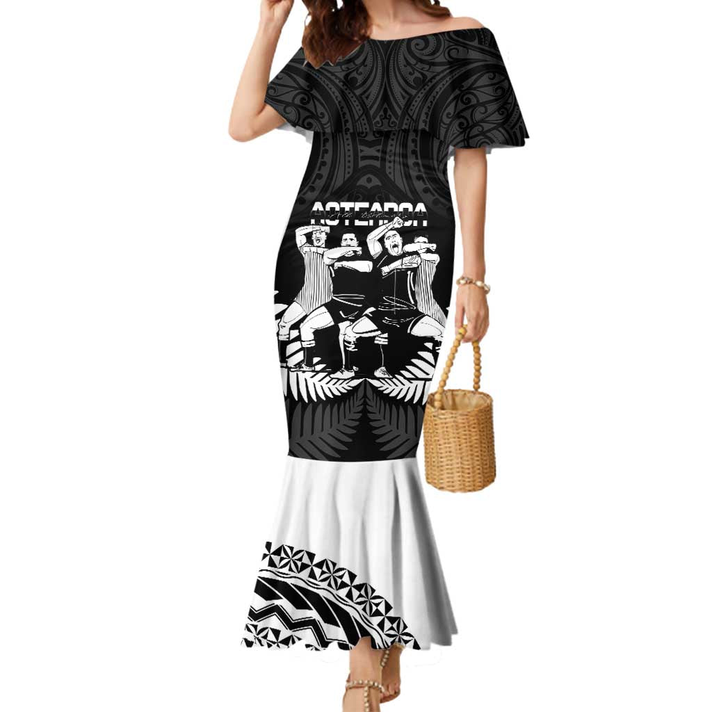 New Zealand And Fiji Tapa Rugby Mermaid Dress Haka Dance Mix Cibi Dance Together LT14 Women Black - Polynesian Pride
