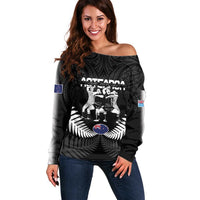 New Zealand And Fiji Tapa Rugby Off Shoulder Sweater Haka Dance Mix Cibi Dance Together LT14 Women Black - Polynesian Pride