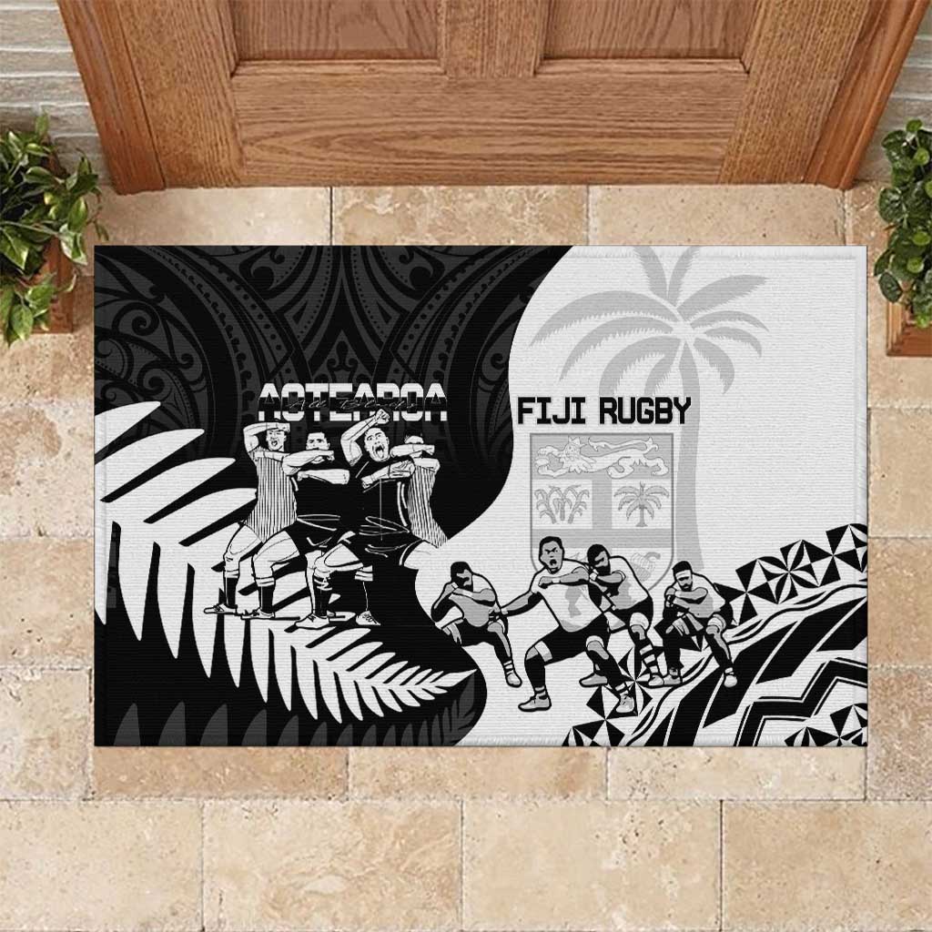 New Zealand And Fiji Tapa Rugby Rubber Doormat Haka Dance Mix Cibi Dance Together LT14 Black - Polynesian Pride