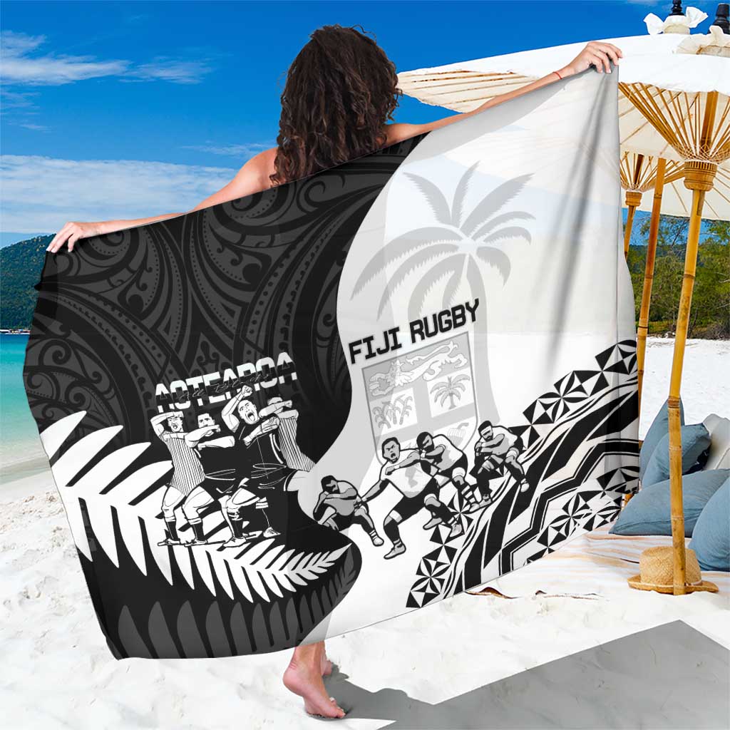 New Zealand And Fiji Tapa Rugby Sarong Haka Dance Mix Cibi Dance Together LT14 One Size 44 x 66 inches Black - Polynesian Pride