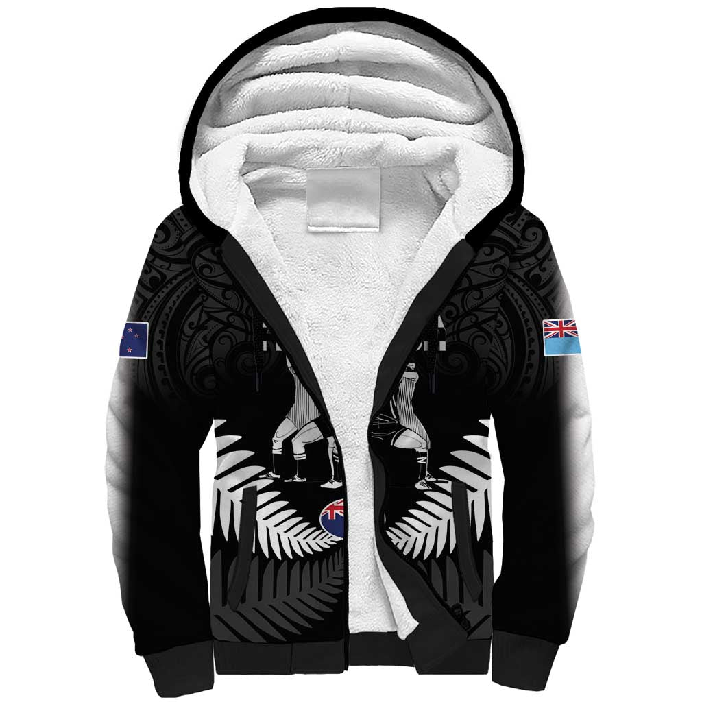 New Zealand And Fiji Tapa Rugby Sherpa Hoodie Haka Dance Mix Cibi Dance Together LT14 Unisex Black - Polynesian Pride