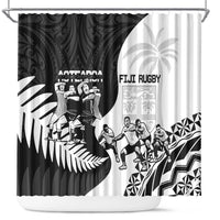 New Zealand And Fiji Tapa Rugby Shower Curtain Haka Dance Mix Cibi Dance Together LT14 Black - Polynesian Pride