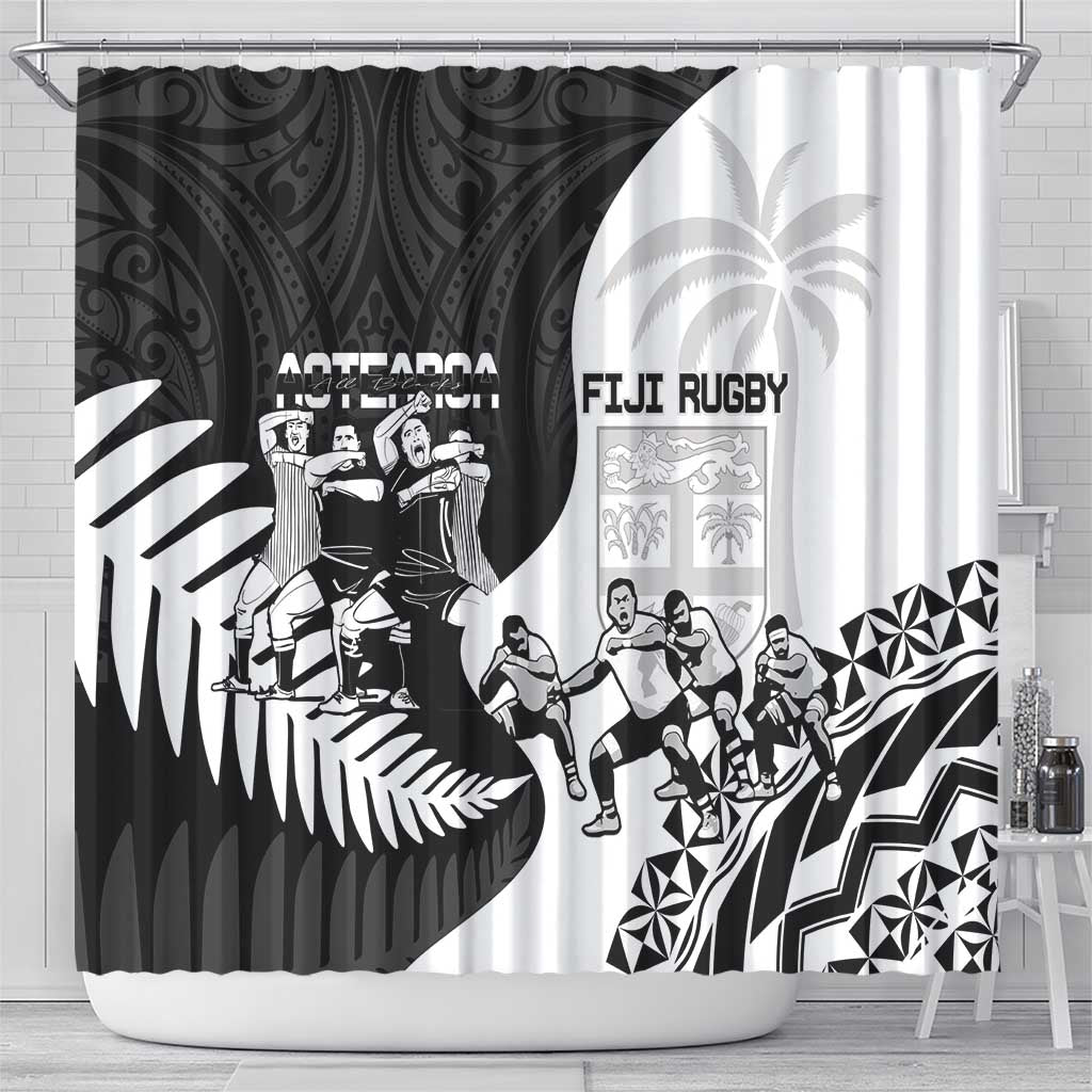 New Zealand And Fiji Tapa Rugby Shower Curtain Haka Dance Mix Cibi Dance Together LT14 - Polynesian Pride