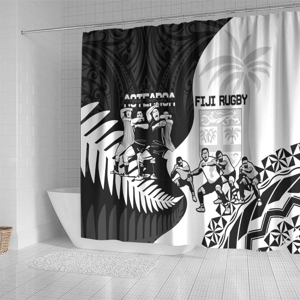 New Zealand And Fiji Tapa Rugby Shower Curtain Haka Dance Mix Cibi Dance Together LT14 - Polynesian Pride