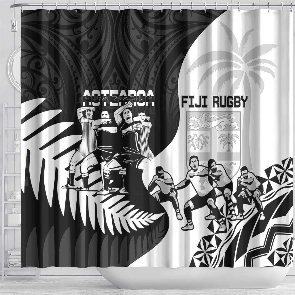 New Zealand And Fiji Tapa Rugby Shower Curtain Haka Dance Mix Cibi Dance Together LT14 - Polynesian Pride