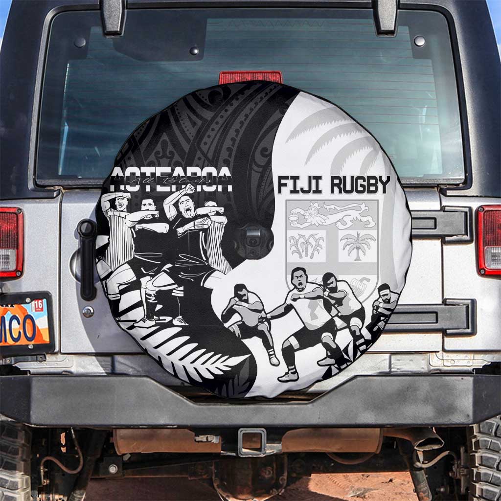 New Zealand And Fiji Tapa Rugby Spare Tire Cover Haka Dance Mix Cibi Dance Together LT14 Black - Polynesian Pride