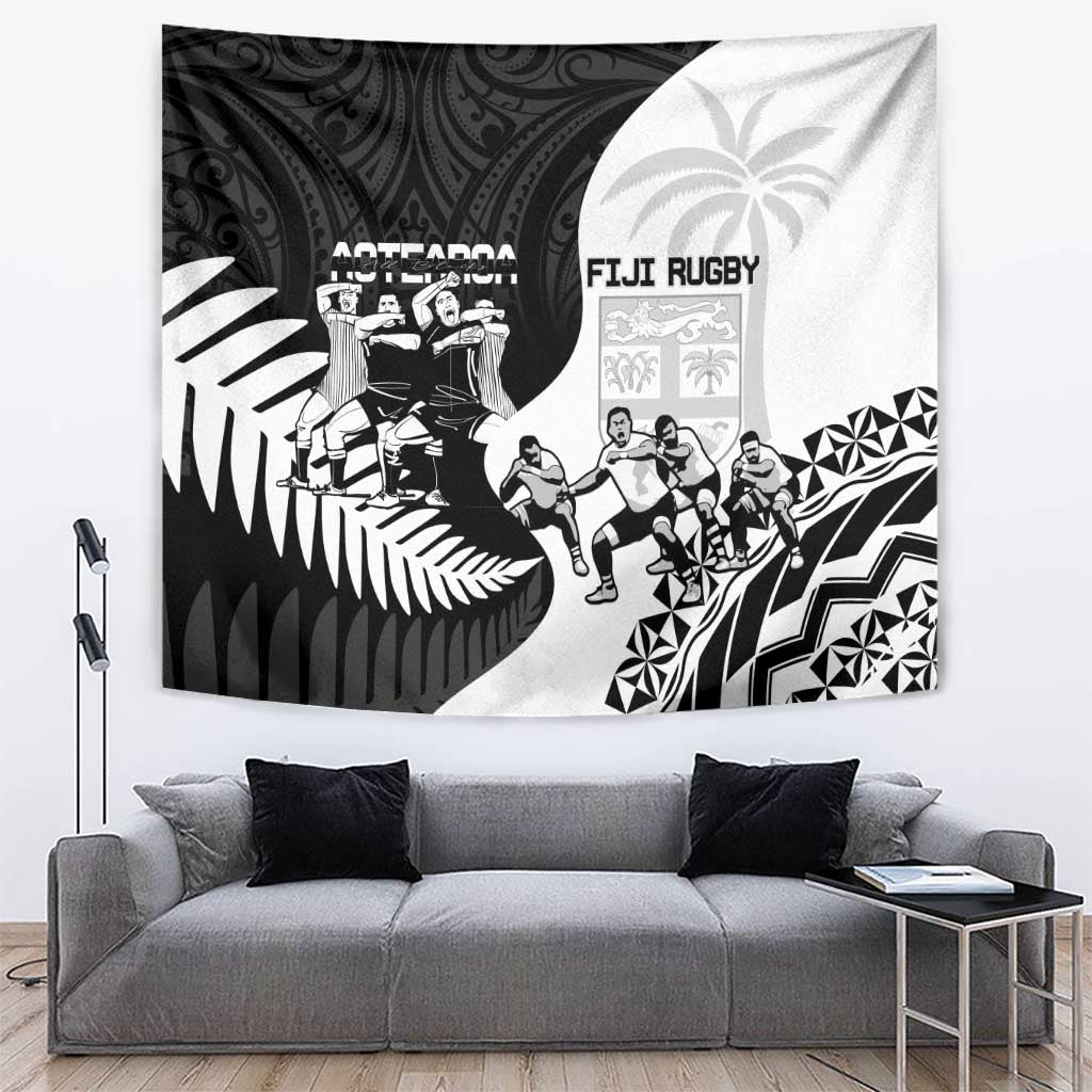New Zealand And Fiji Tapa Rugby Tapestry Haka Dance Mix Cibi Dance Together LT14 Black - Polynesian Pride