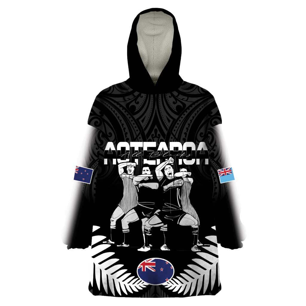 New Zealand And Fiji Tapa Rugby Wearable Blanket Hoodie Haka Dance Mix Cibi Dance Together LT14 One Size Black - Polynesian Pride