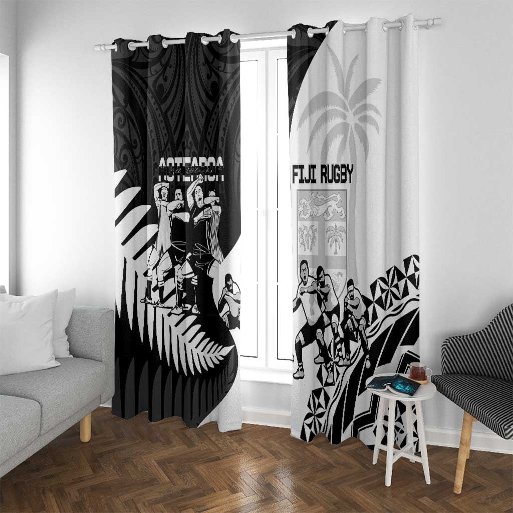 New Zealand And Fiji Tapa Rugby Window Curtain Haka Dance Mix Cibi Dance Together LT14 With Grommets Black - Polynesian Pride