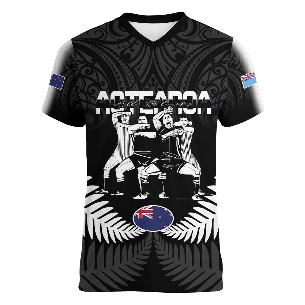 New Zealand And Fiji Tapa Rugby Women V-Neck T-Shirt Haka Dance Mix Cibi Dance Together LT14 Female Black - Polynesian Pride