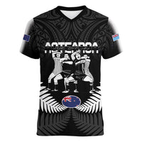 New Zealand And Fiji Tapa Rugby Women V-Neck T-Shirt Haka Dance Mix Cibi Dance Together LT14 Female Black - Polynesian Pride